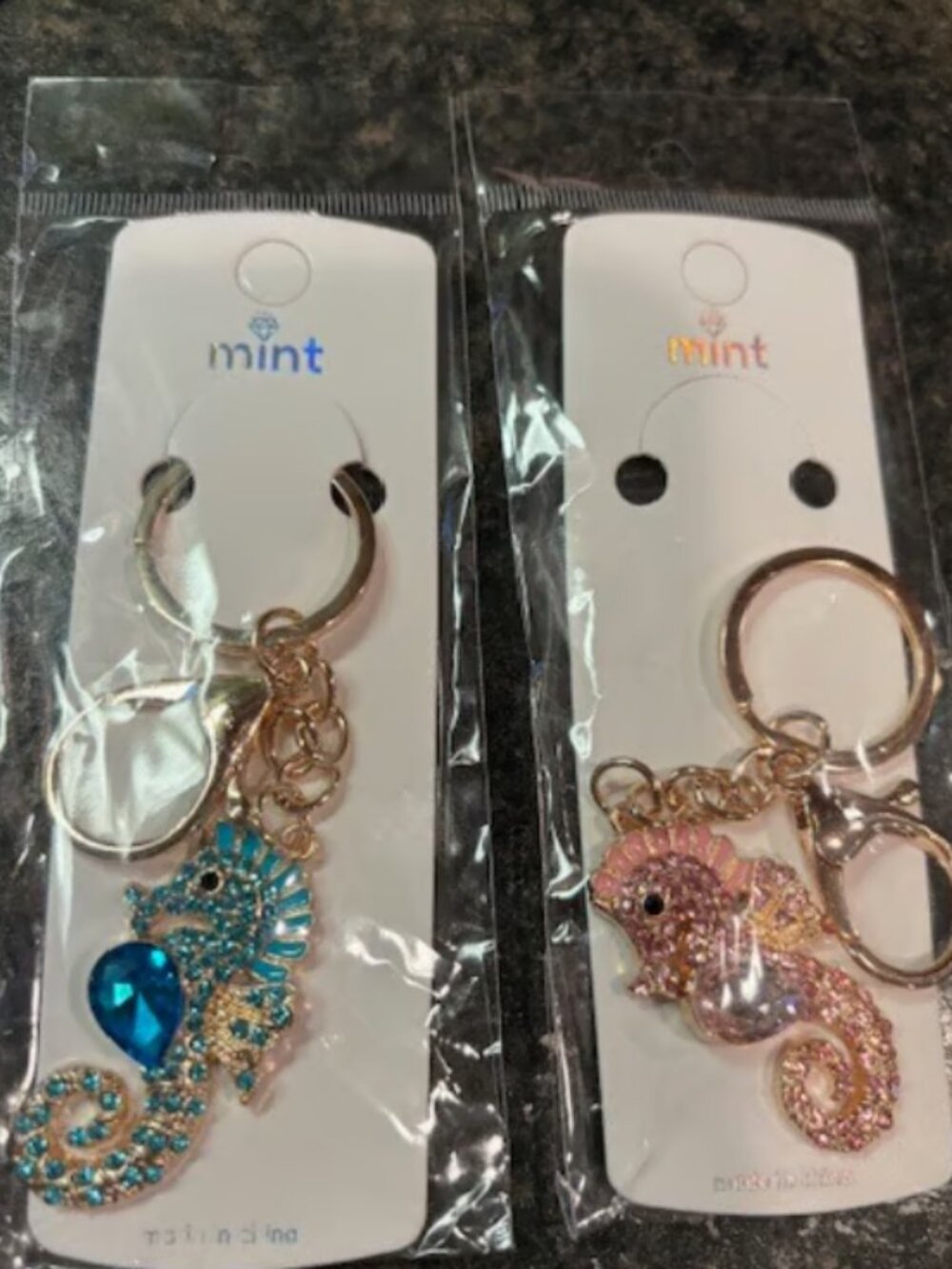 Mint set of 2 seahorse keychains- bling crystal